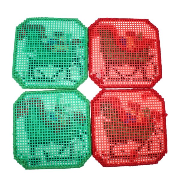 Handmade Christmas Sleigh Stitched Yarn Needlepoint Plastic Canvas Coasters - Picture 2 of 3